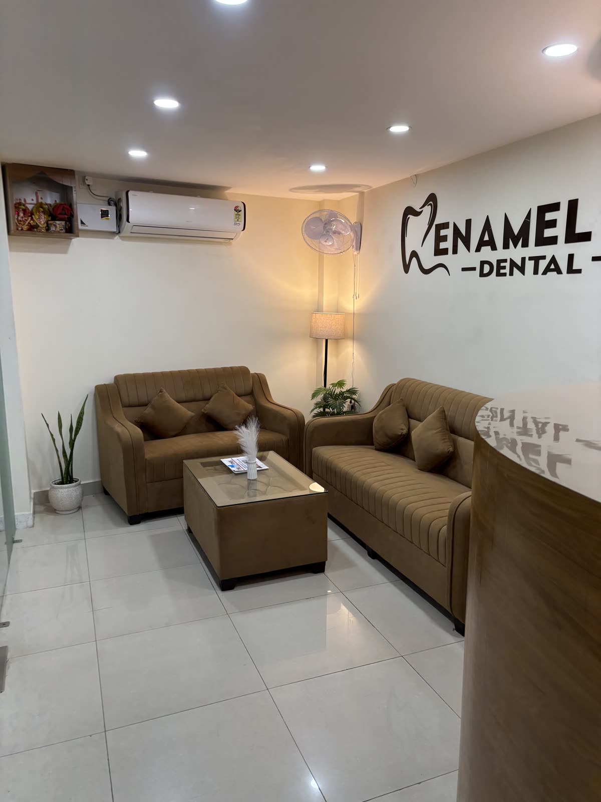 Seating area in the waiting room at Enamel Dental, Argora.